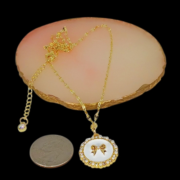 Gold Coin Medallion Necklace White Enamel Gold Bow Pendant Coquette Girl Preppy - Picture 4 of 8